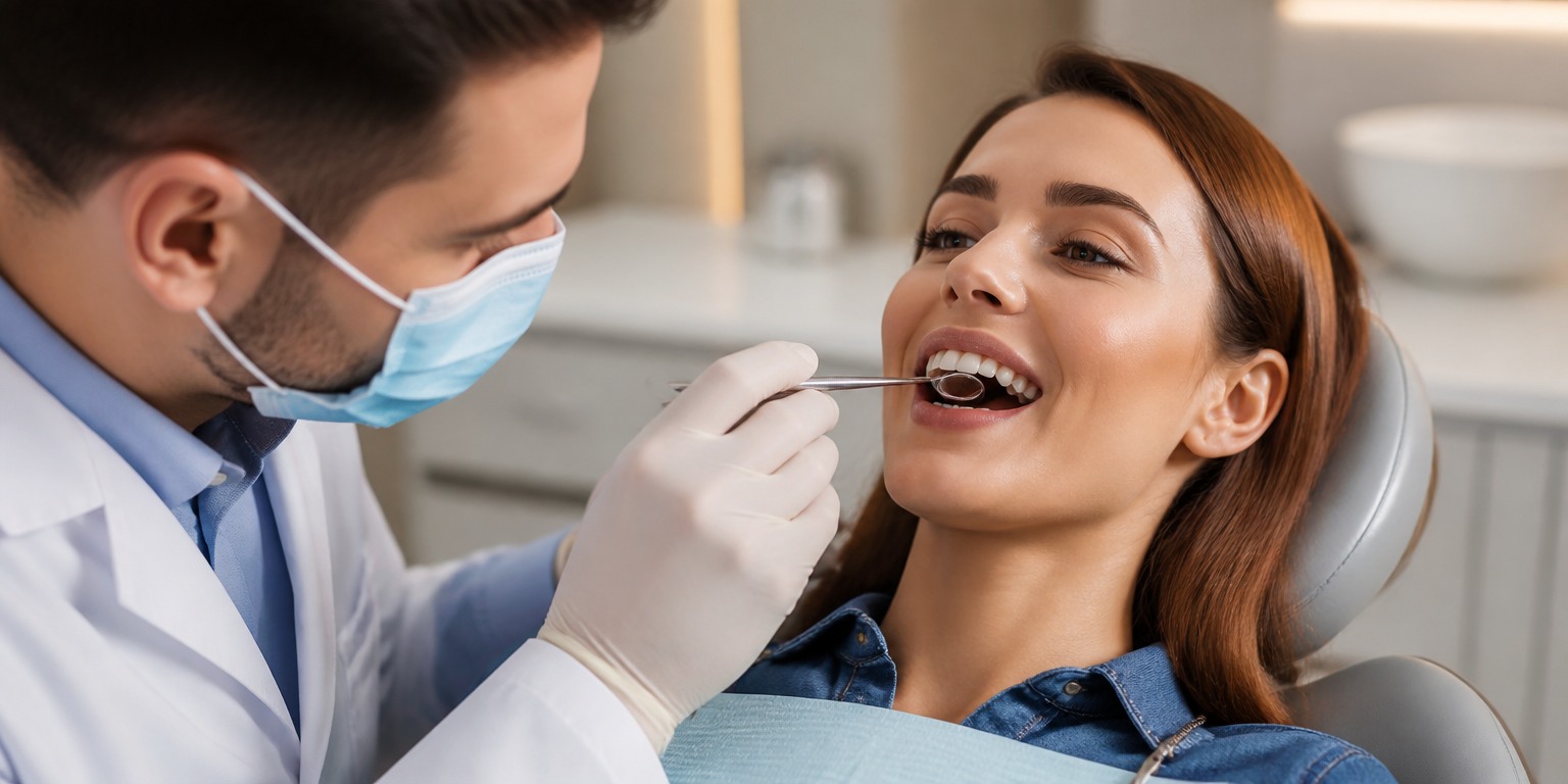 Dentist examining teeth before professional whitening treatment