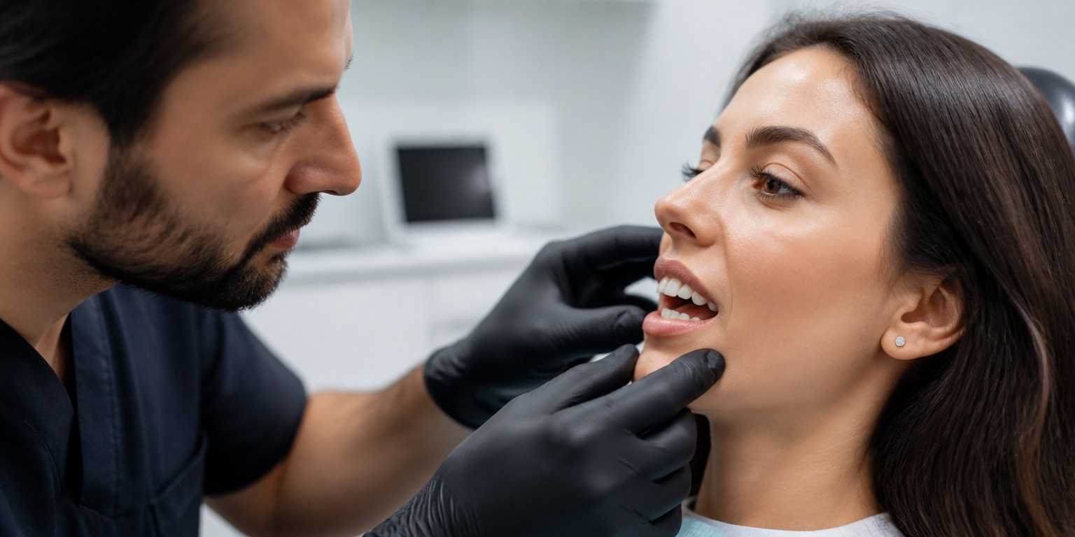 Dentist assessing bite relationships before veneers or orthodontic treatment planning