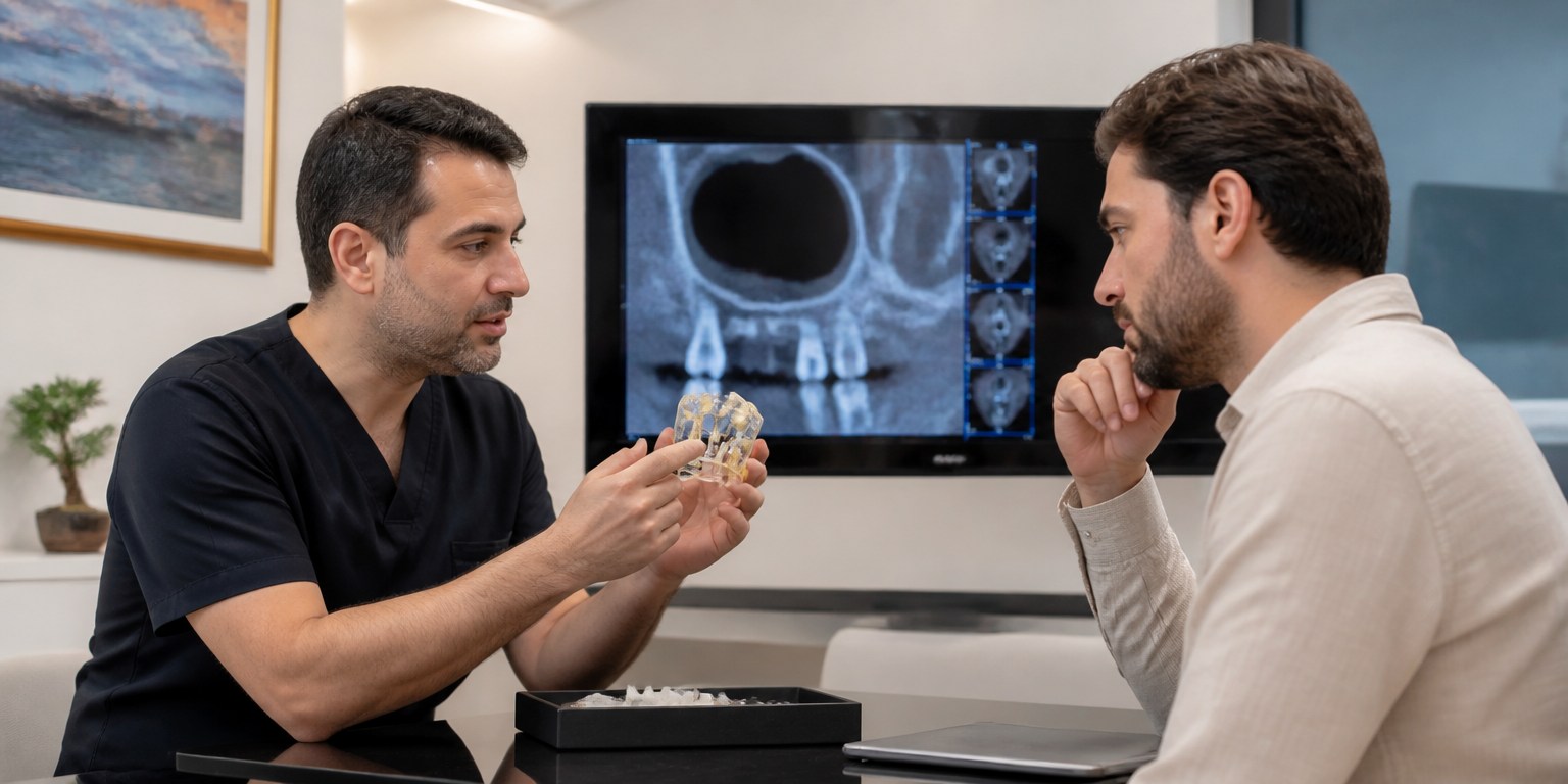 Dentist explaining bone graft and sinus anatomy that may add a dental implant treatment stage