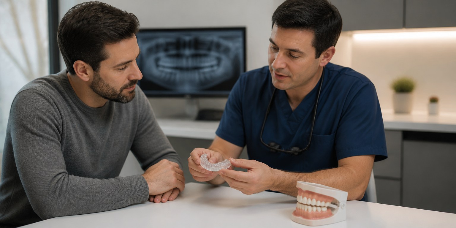 Dentist discussing bruxism and restoration protection after Hollywood Smile treatment