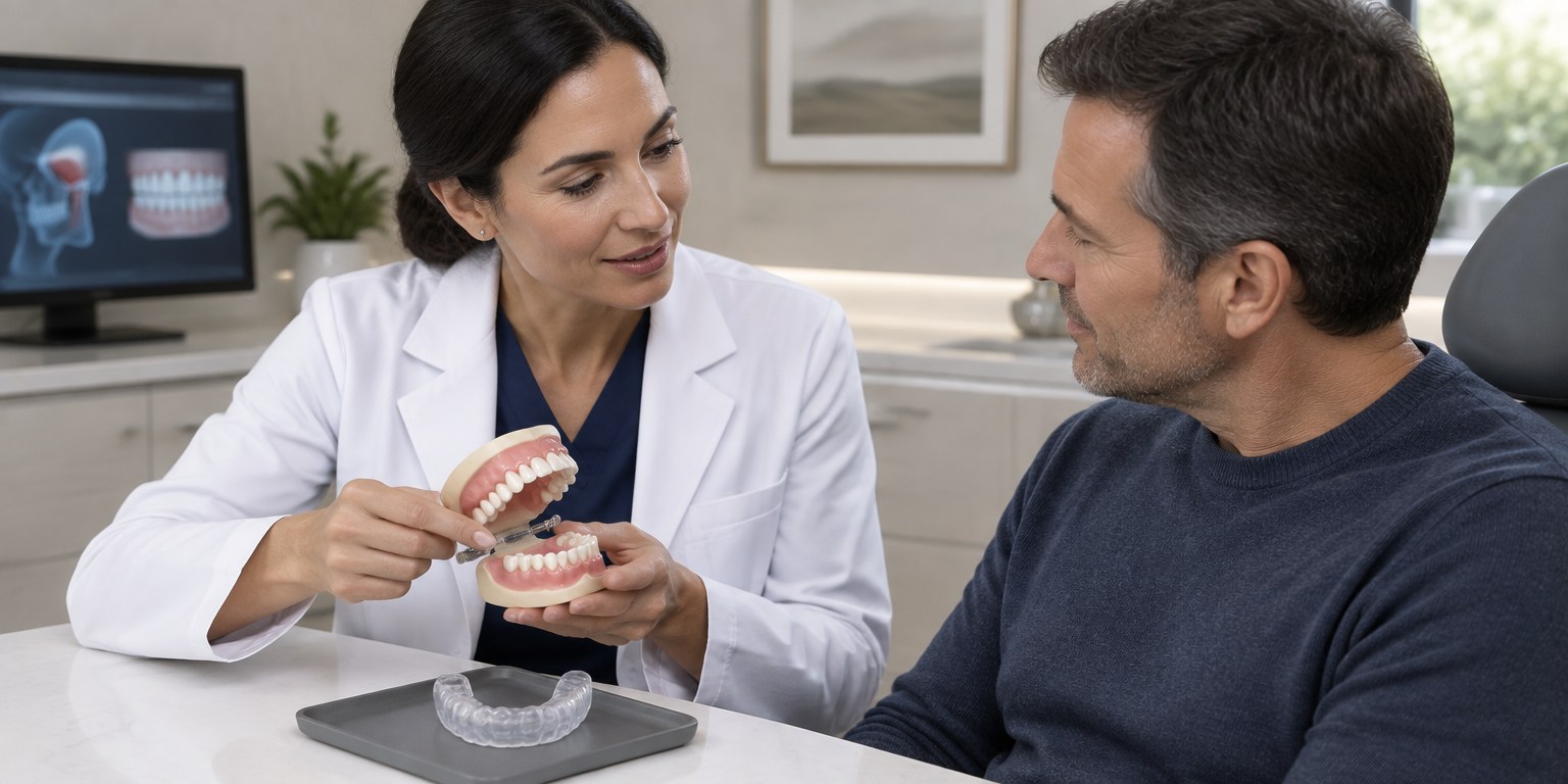 Dentist discussing bruxism and restoration protection during Hollywood Smile planning