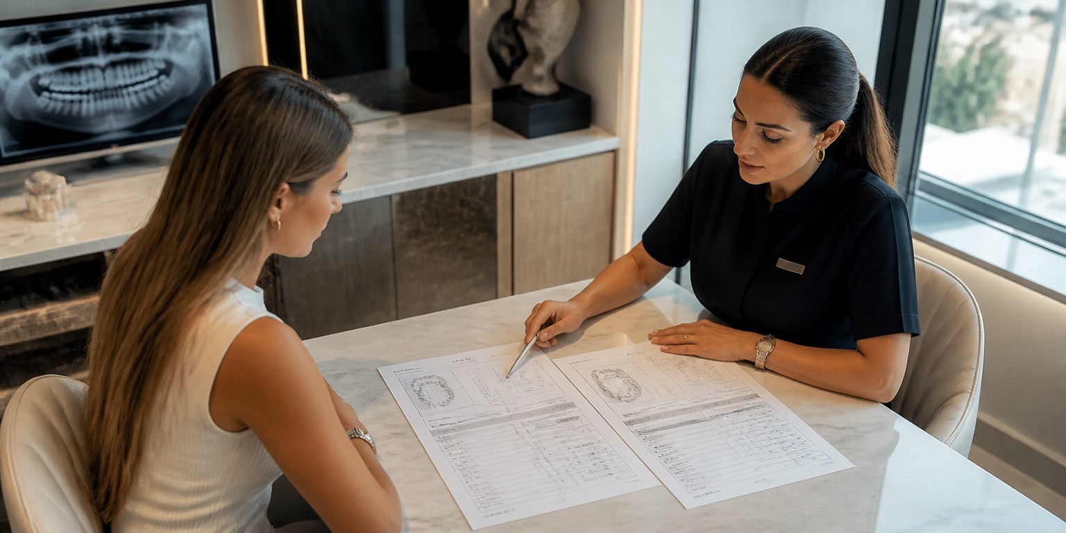 International patient comparing two dental implant treatment plans with a dental coordinator