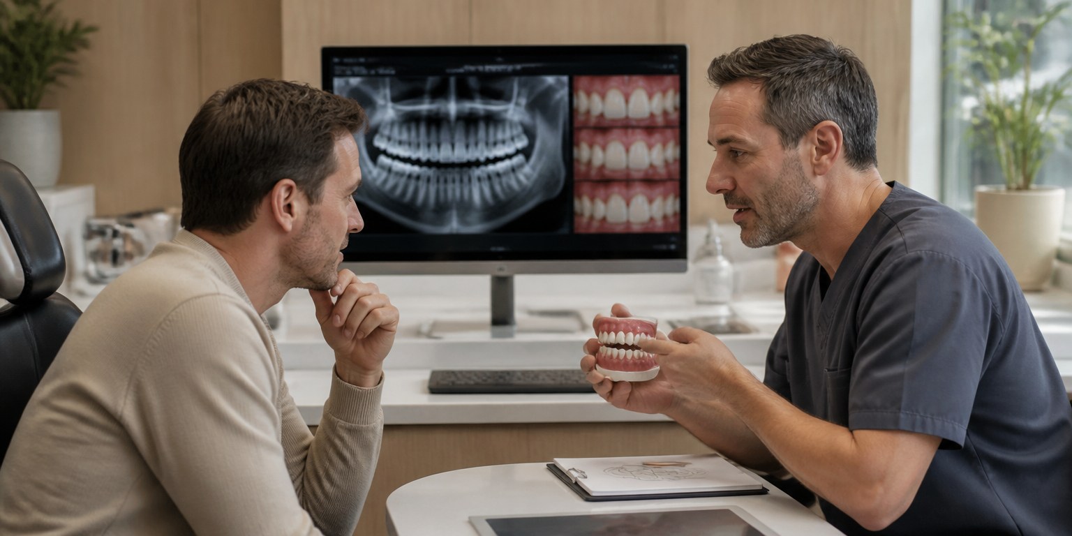 Patient discussing treatment planning and clinic evaluation criteria with a dentist