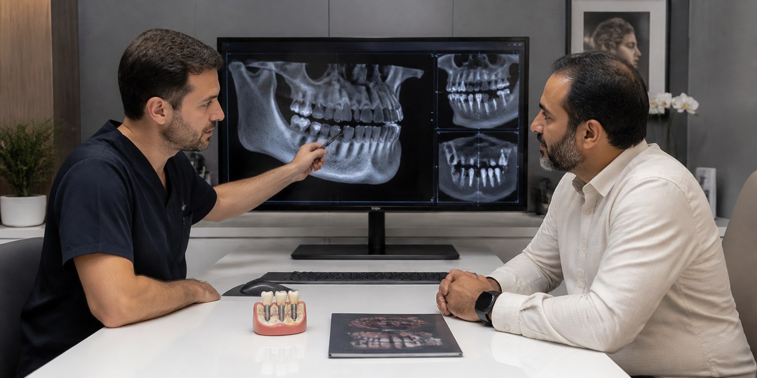 Dentist reviewing CBCT imaging for a more complex dental implant treatment plan