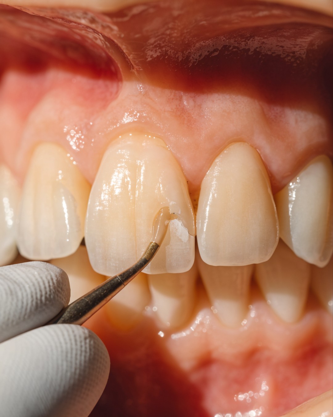 Composite resin being used to rebuild a small chip on a front tooth model