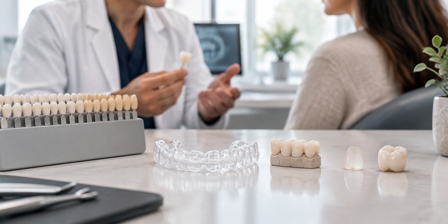 Whitening, clear aligner, bonding, veneer and crown options reviewed during a dental consultation