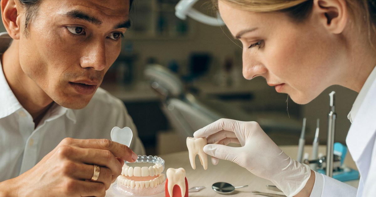Patient discussing conservative Hollywood Smile options and تاج الأسنان rationale with a dentist