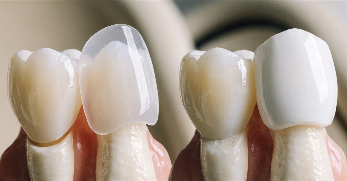 Dental models comparing veneer and crown tooth coverage and preparation