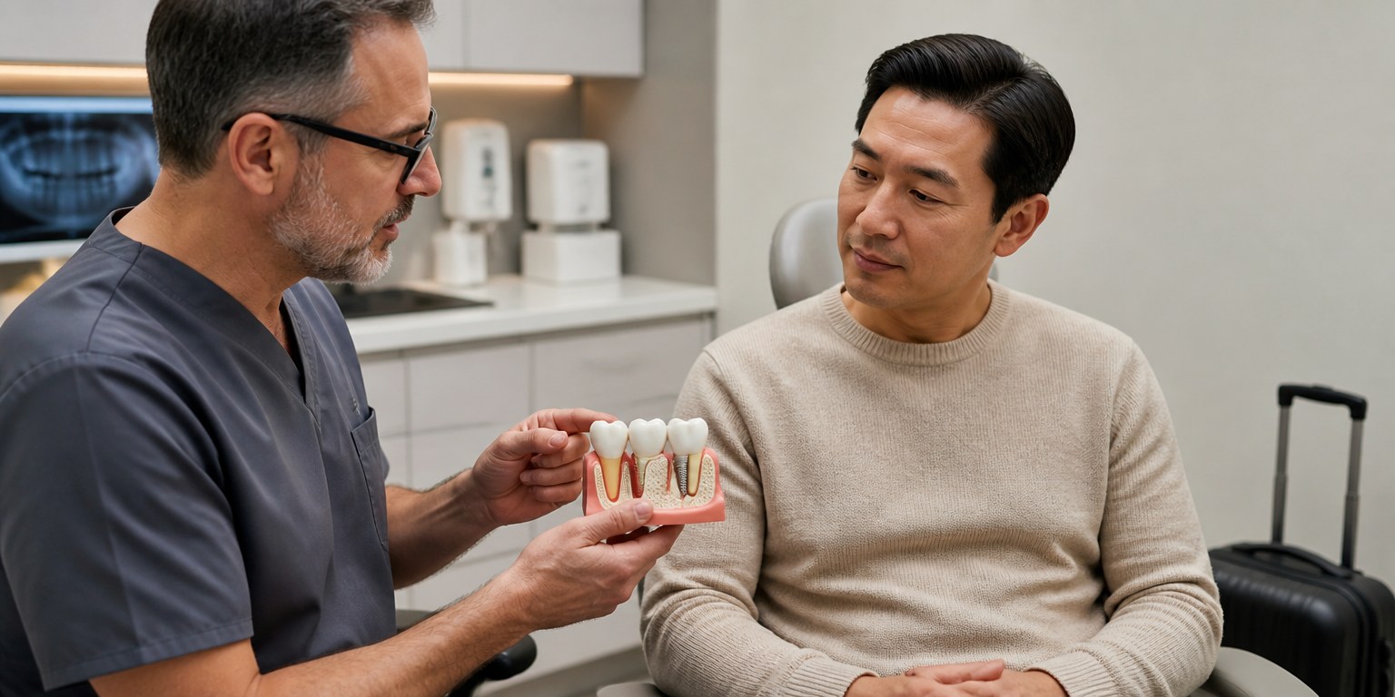 Dentist explaining dental implant position in the jaw before an international patient's flight home