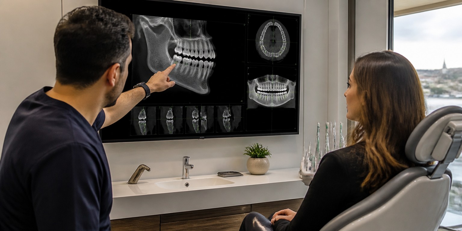 Dentist reviewing a CBCT scan with a patient while planning dental implant treatment