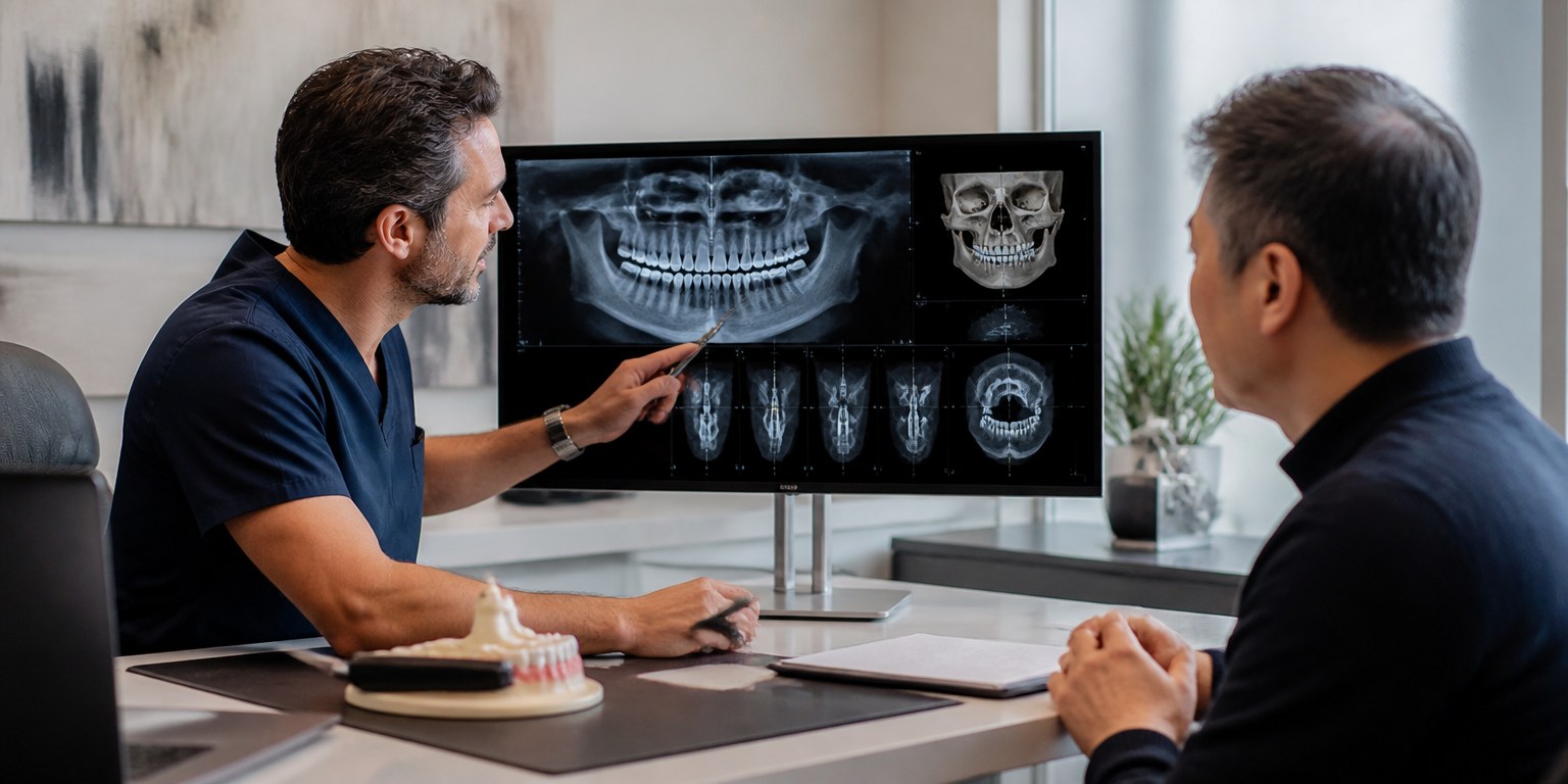 Dentist reviewing CBCT imaging with an international patient before dental implant placement