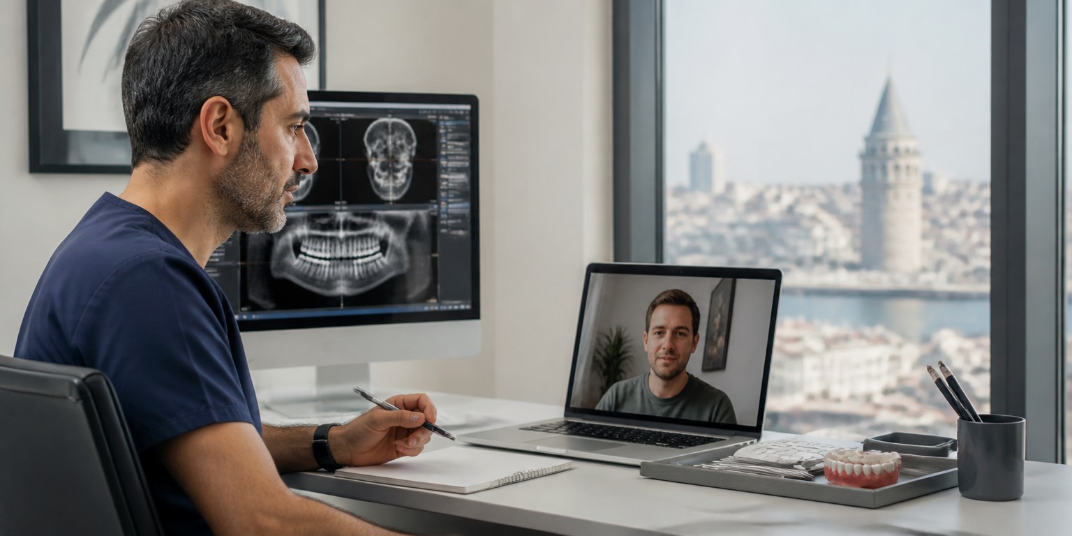 Patient having a remote dental implant consultation while a dentist reviews dental records on screen