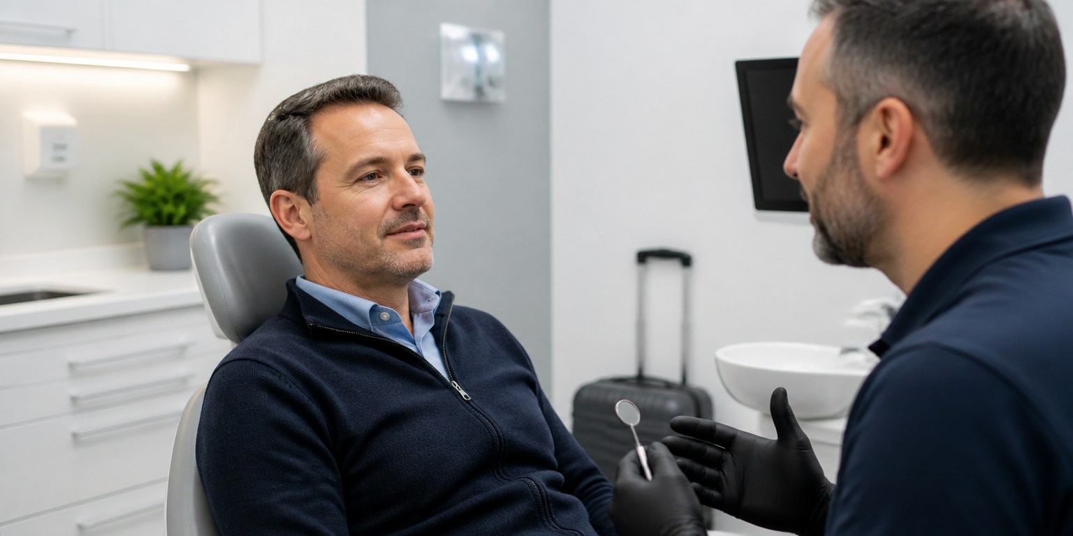 Dentist performing a postoperative implant check before an international patient's return flight