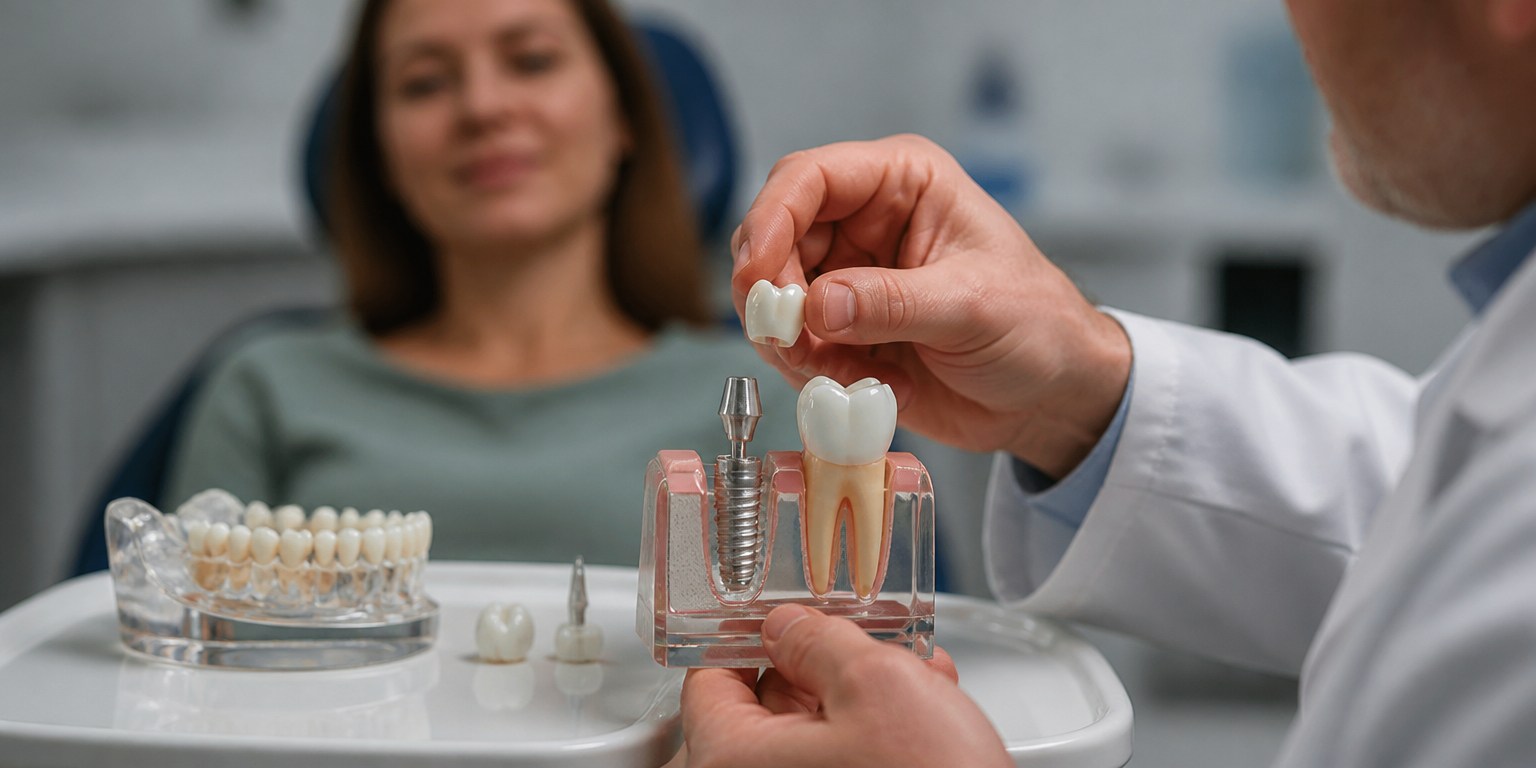 Dentist showing separate dental implant, abutment and crown components during a cost consultation