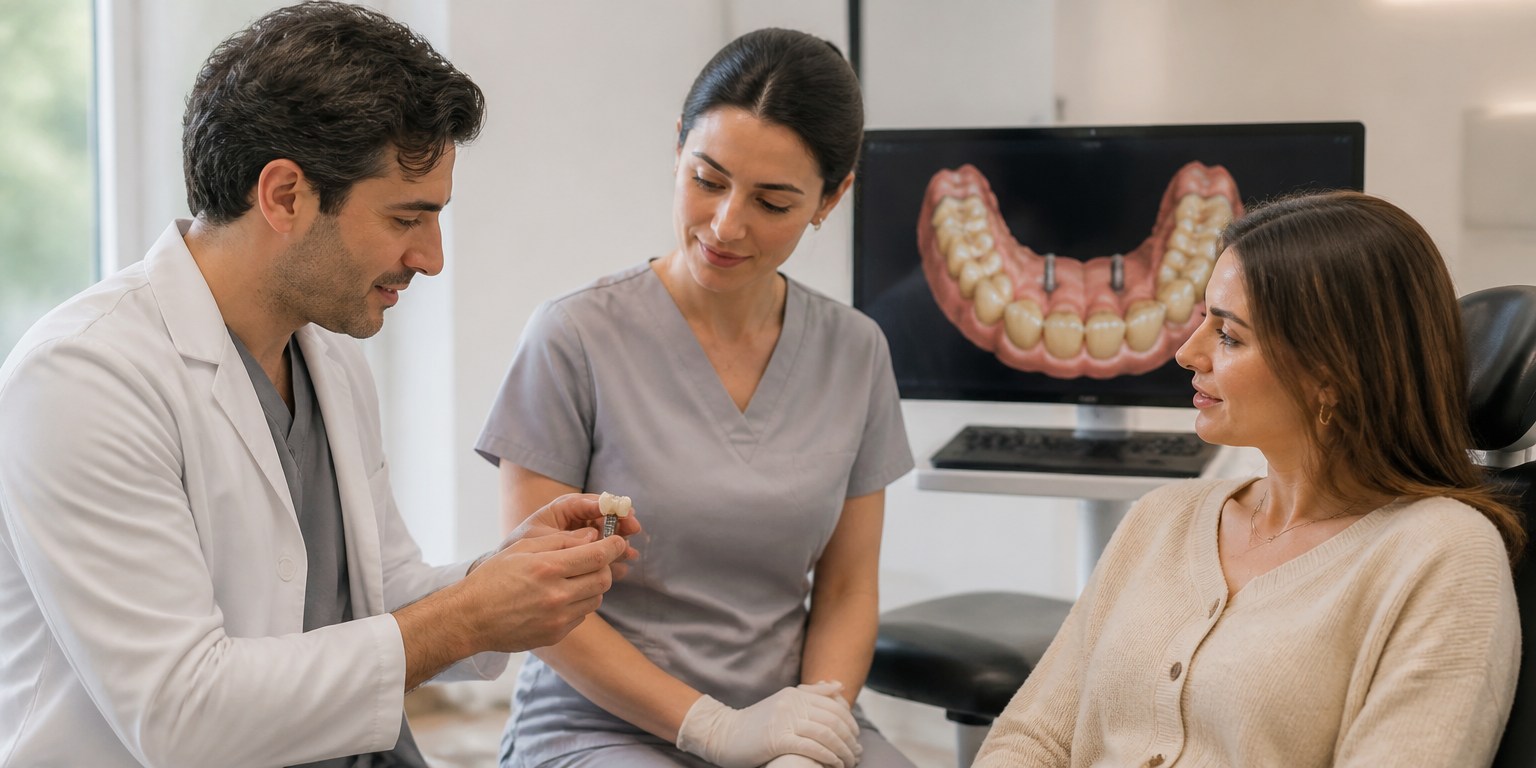 Dentist checking an implant-supported restoration during the second treatment trip