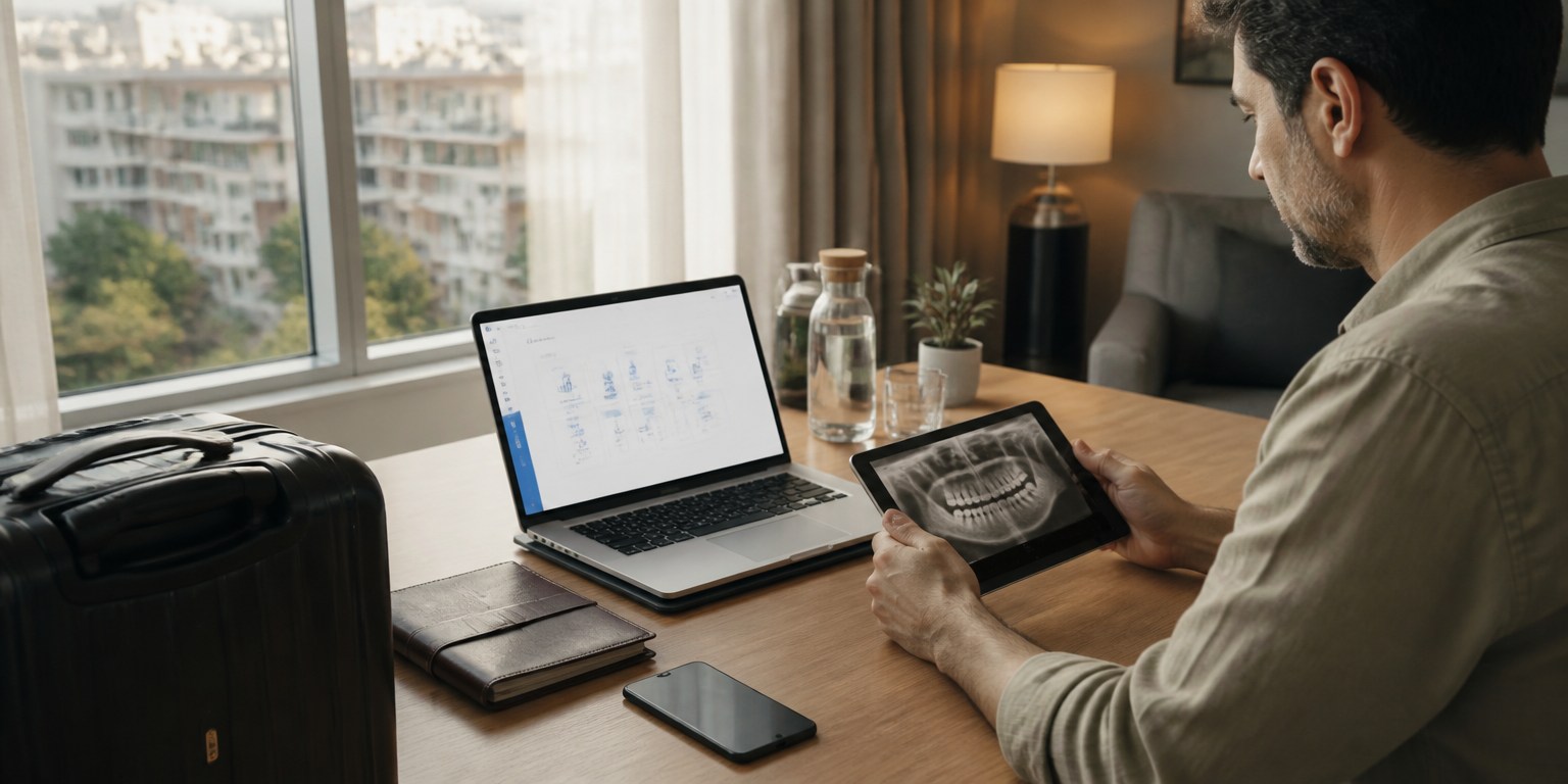 International patient organizing dental records and travel plans after an implant consultation