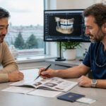 International patient reviewing a dental implant treatment and travel plan in an Istanbul clinic