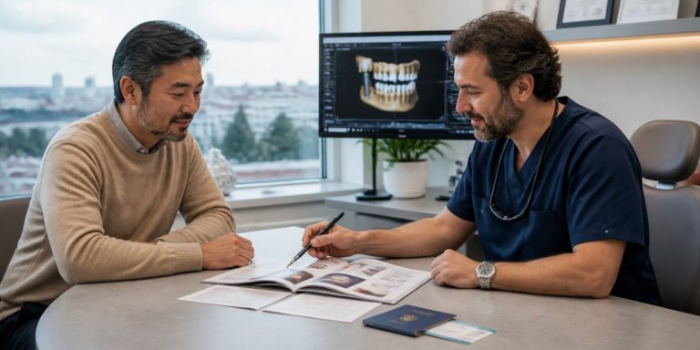 International patient reviewing a dental implant treatment and travel plan in an Istanbul clinic