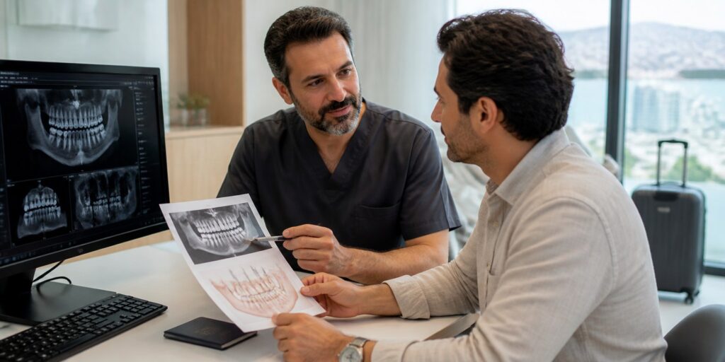 International patient reviewing a two-stage dental implant treatment plan with a dentist in Istanbul