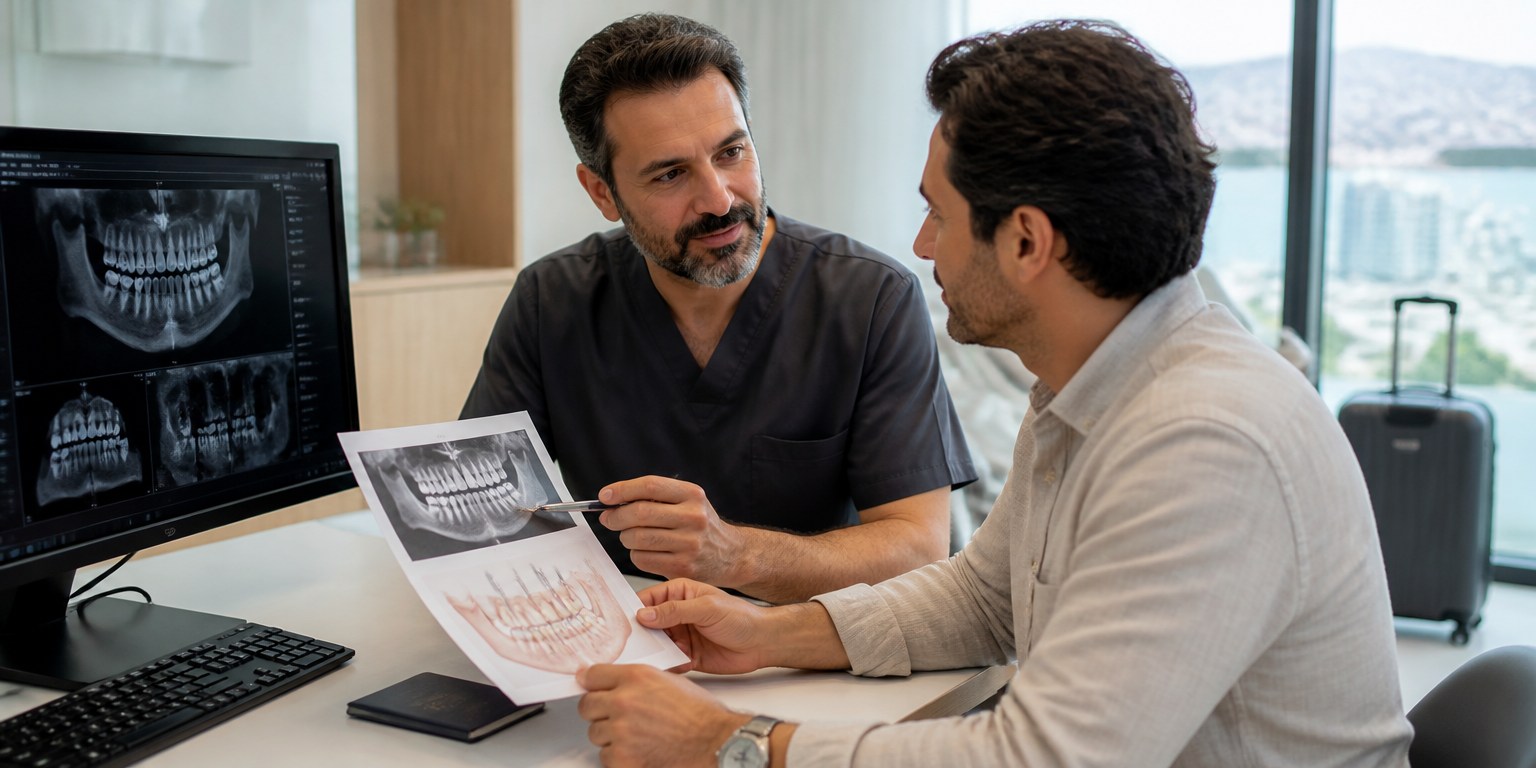 International patient reviewing a two-stage dental implant treatment plan with a dentist in Istanbul