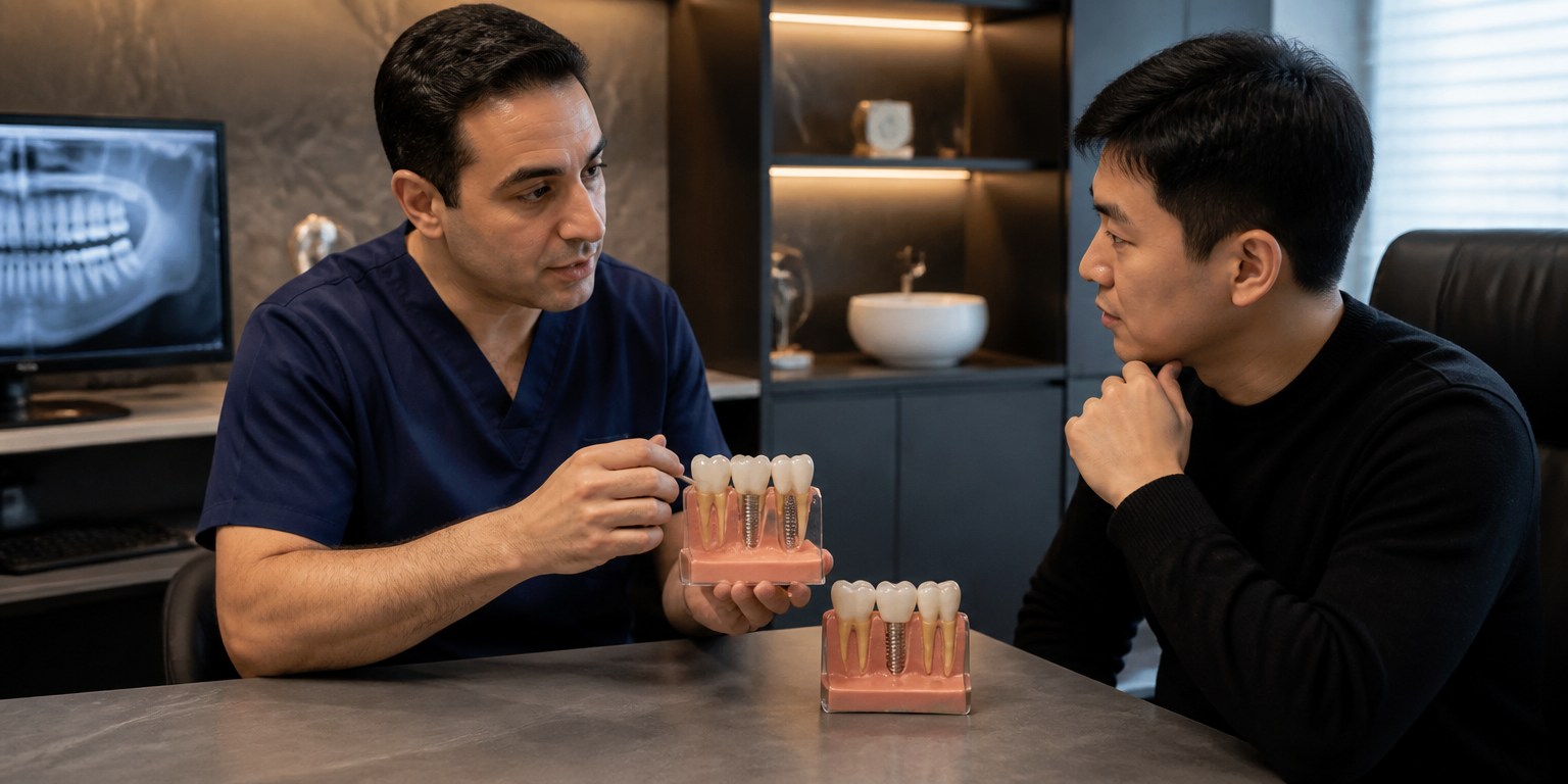 Dentist explaining the surgical and final crown stages of dental implant treatment