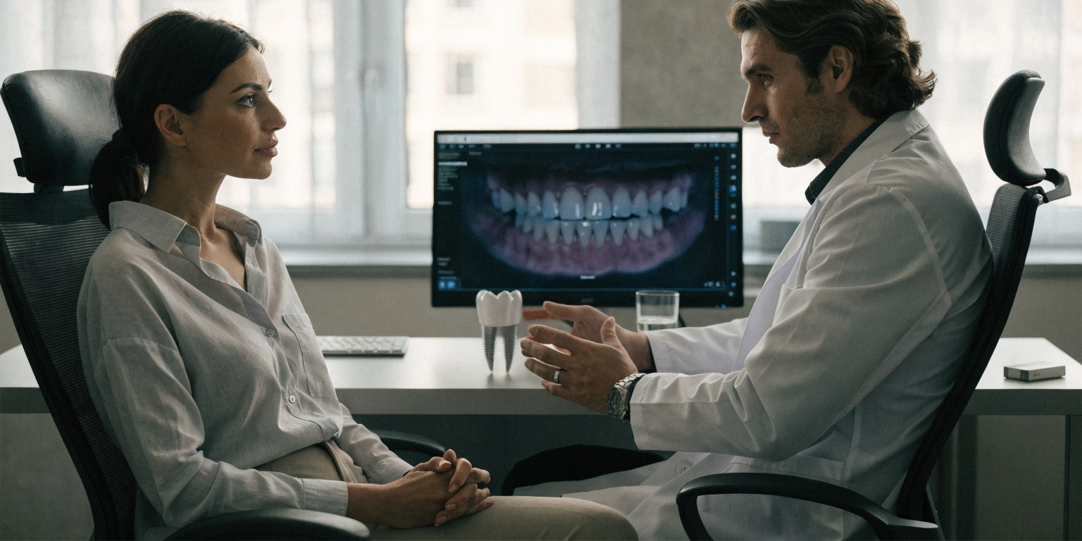 Dentist discussing smoking risks and dental implant healing with an adult patient