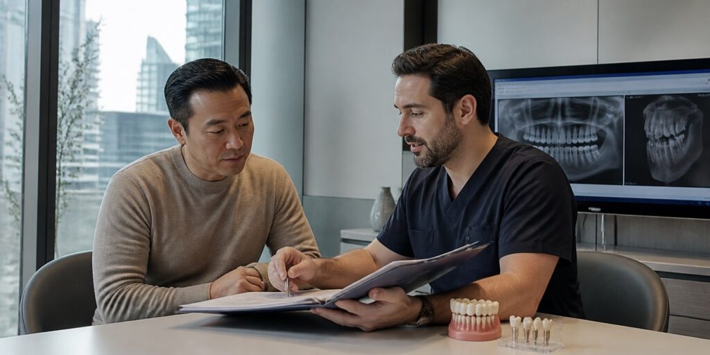 International patient reviewing an itemized dental implant treatment plan with a dentist in Istanbul