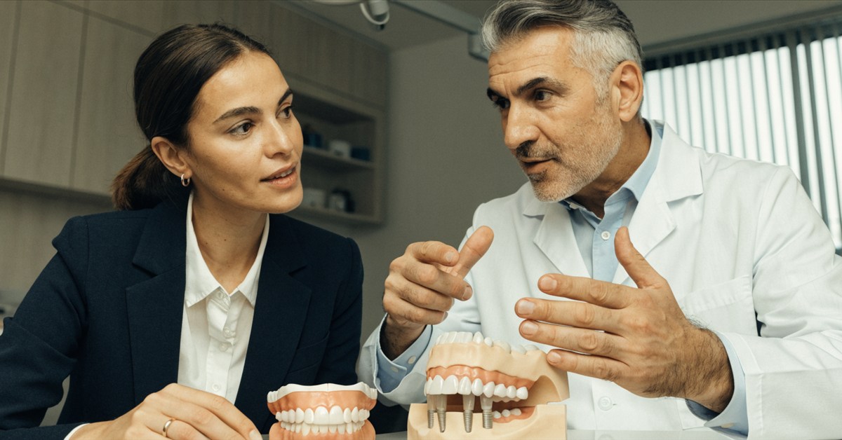 Dentist comparing a removable denture and implant-supported full-arch model with a patient