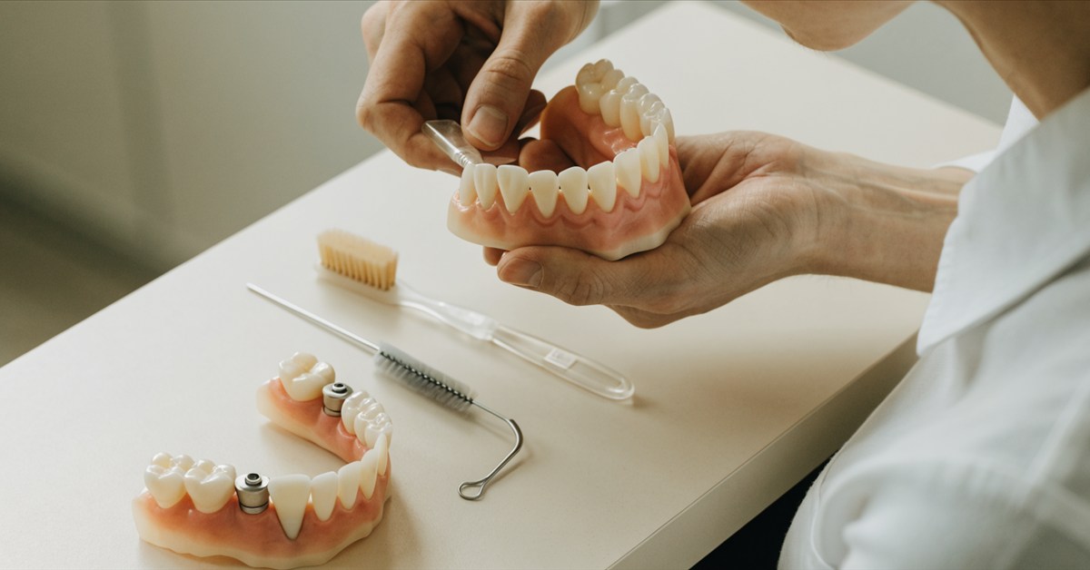 Dental professional demonstrating cleaning tools for removable dentures and fixed implant-supported teeth