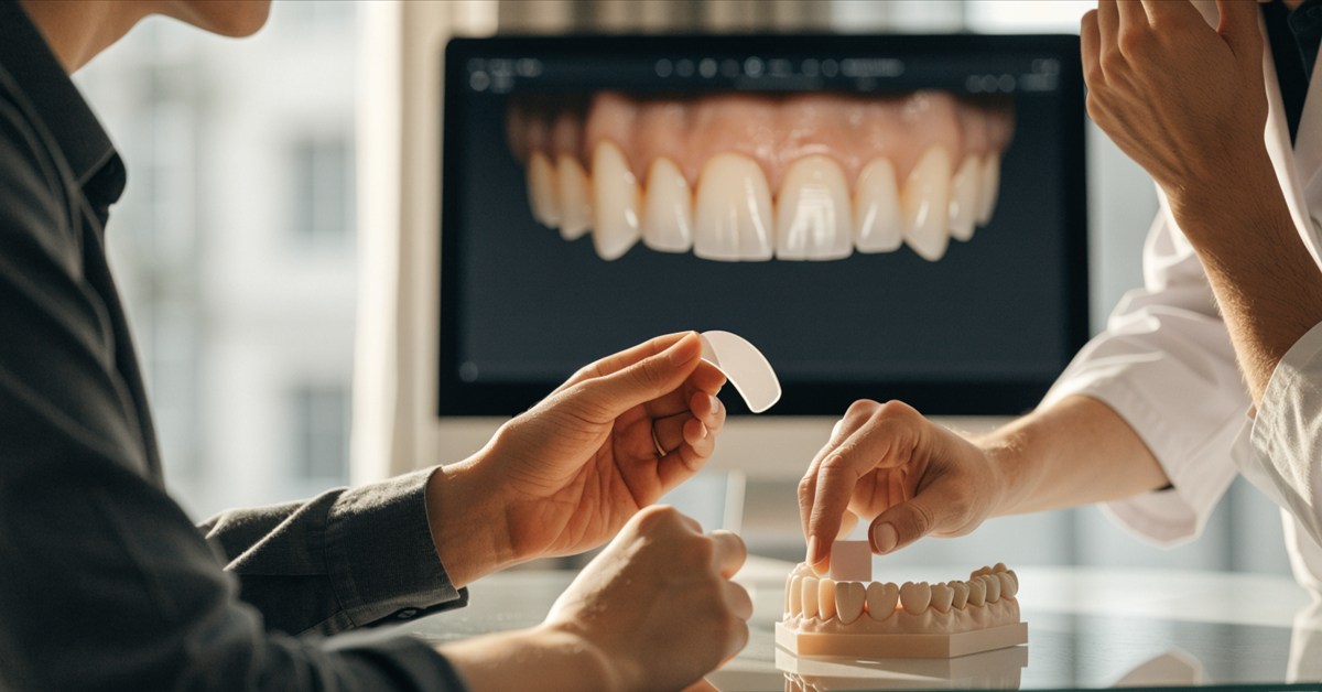 Dentist and patient comparing E-max veneer and composite bonding options during treatment planning