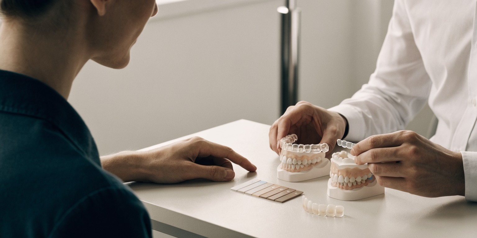 Dentist discussing whitening, aligners, bonding and veneer options with a patient