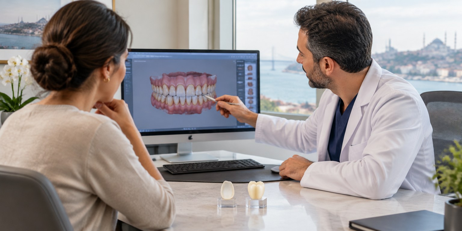 Dentist and international patient reviewing veneer and crown options before treatment planning in Istanbul