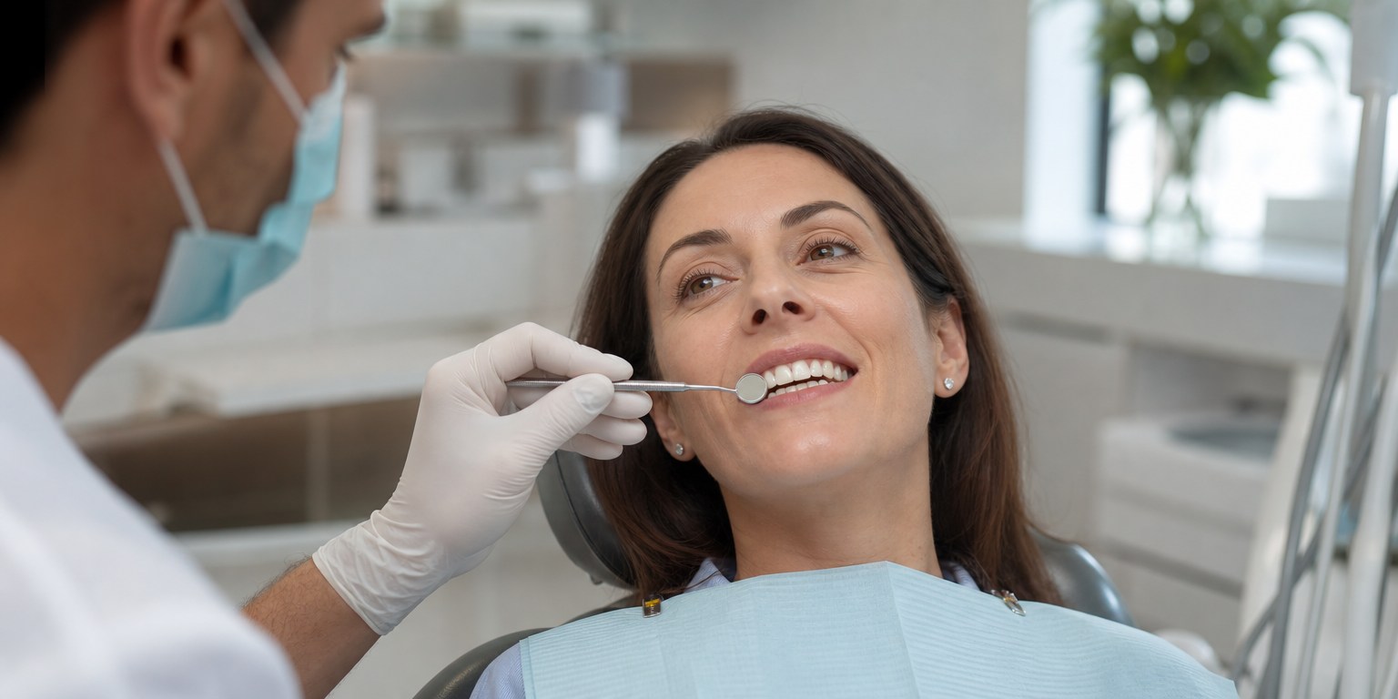Dentist checking veneers and bite during a routine follow-up examination