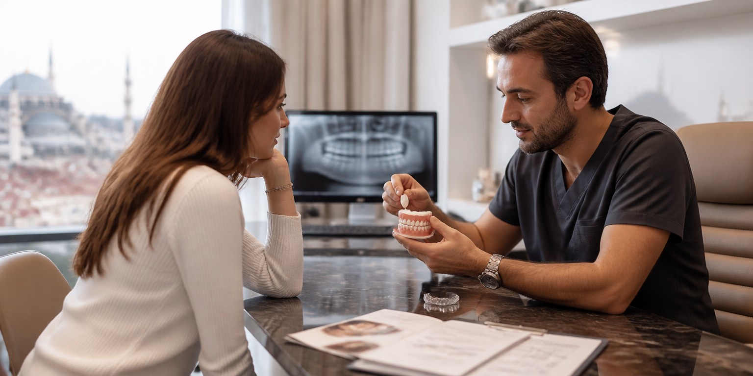 Dentist discussing long-term veneer maintenance with an international patient in İstanbul