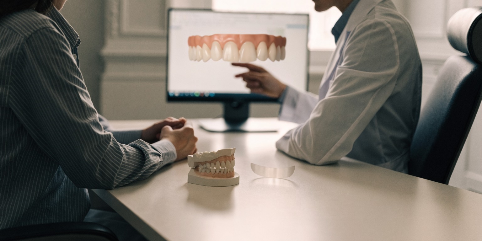 Dentist and patient reviewing a dental scan before planning E-max veneer preparation