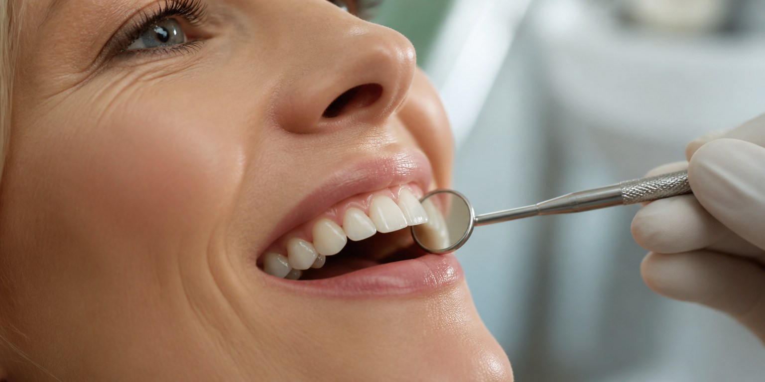 Dentist inspecting natural-looking ceramic veneers during a long-term maintenance visit