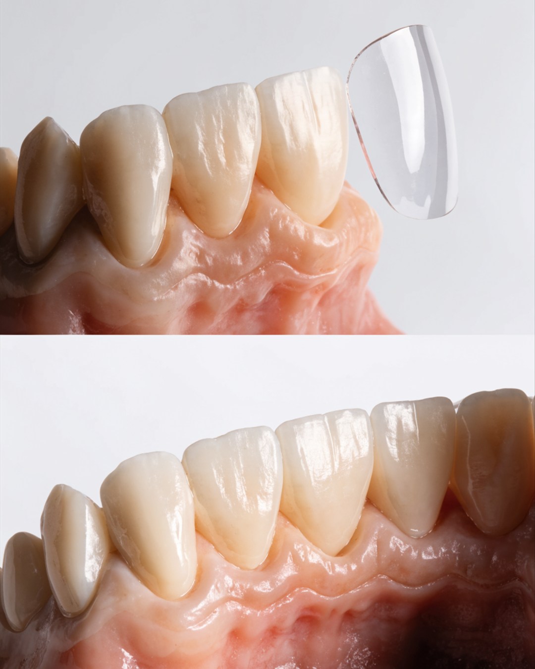 Dental models showing how different tooth positions can change veneer treatment planning