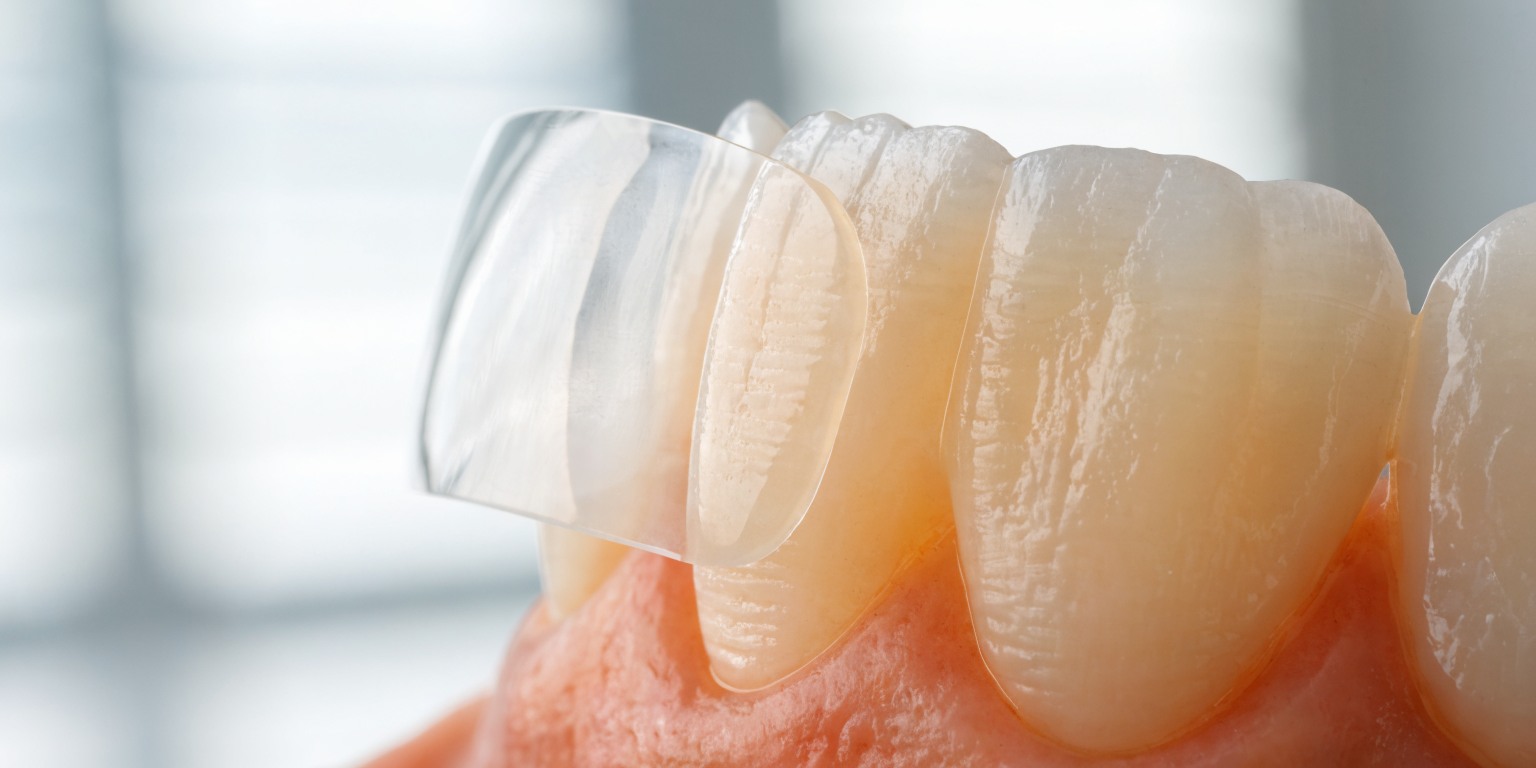 Ultra-thin ceramic veneer beside a natural front tooth illustrating conservative veneer preparation