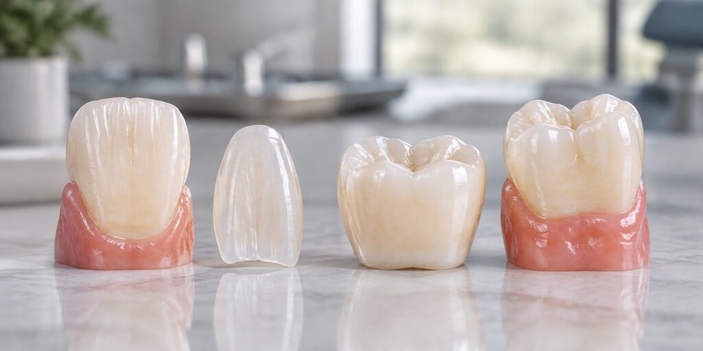 Thin E-max-style veneer and full dental crown shown side by side to compare tooth coverage