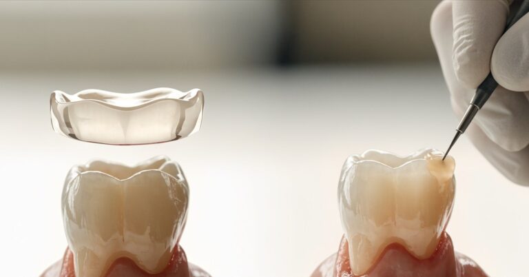 Thin ceramic veneer and direct composite bonding shown side by side on realistic front tooth models