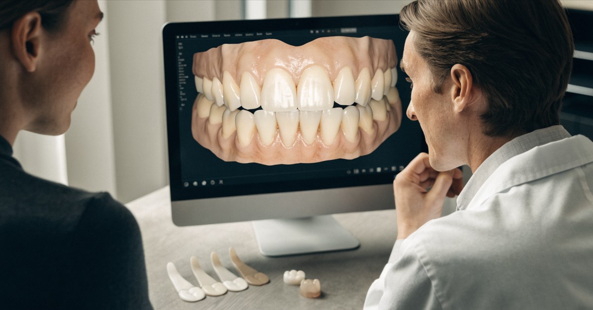 Dentist and patient reviewing ceramic restoration options during personalized smile treatment planning