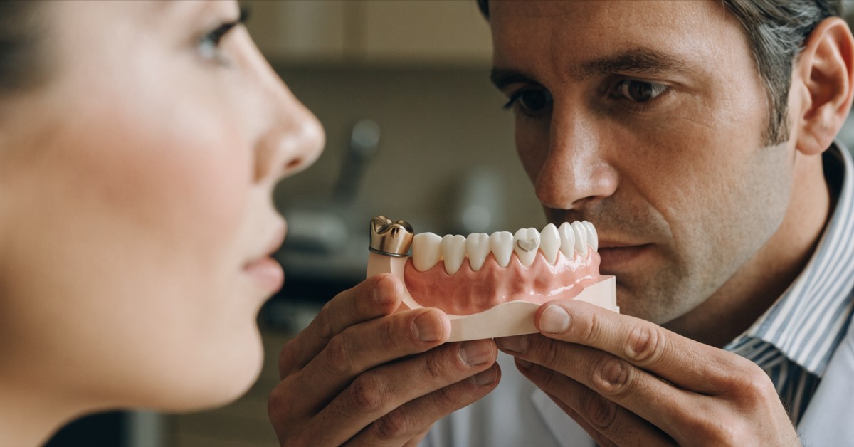 Dentist assessing existing crowns and fillings before a Hollywood Smile plan