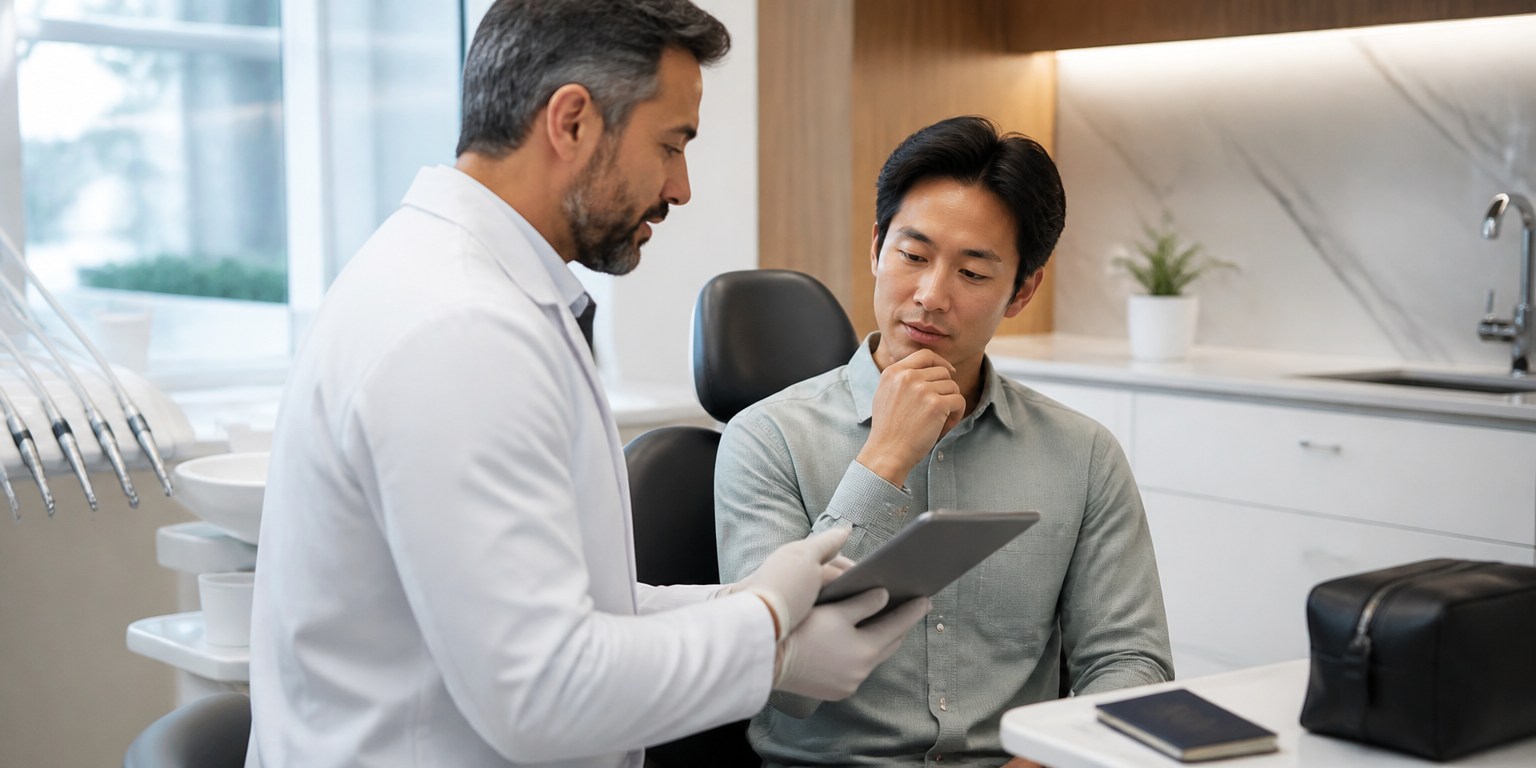 International patient reviewing travel and follow-up plans after Hollywood Smile treatment