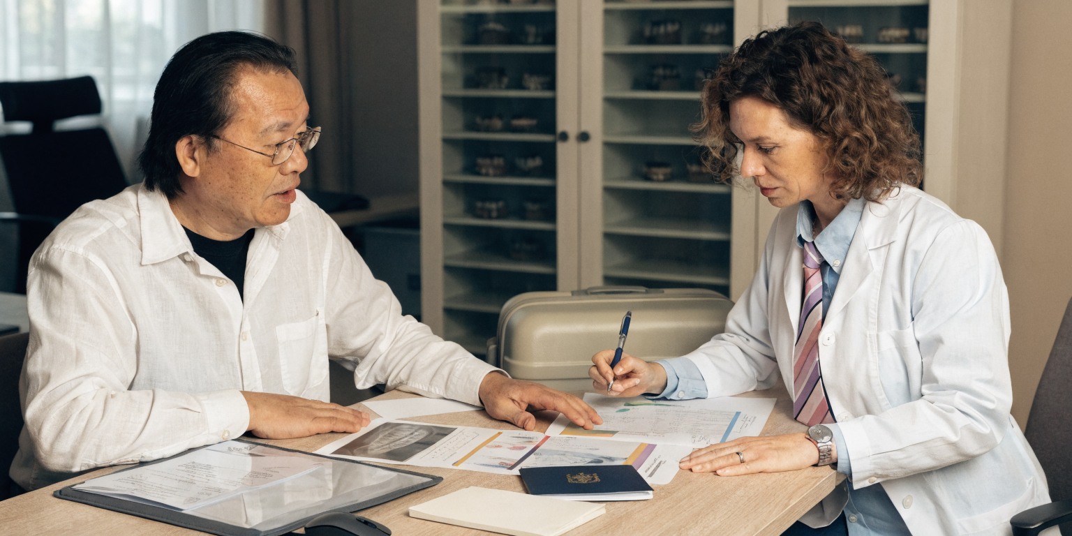 International patient reviewing return-flight plans after dental treatment