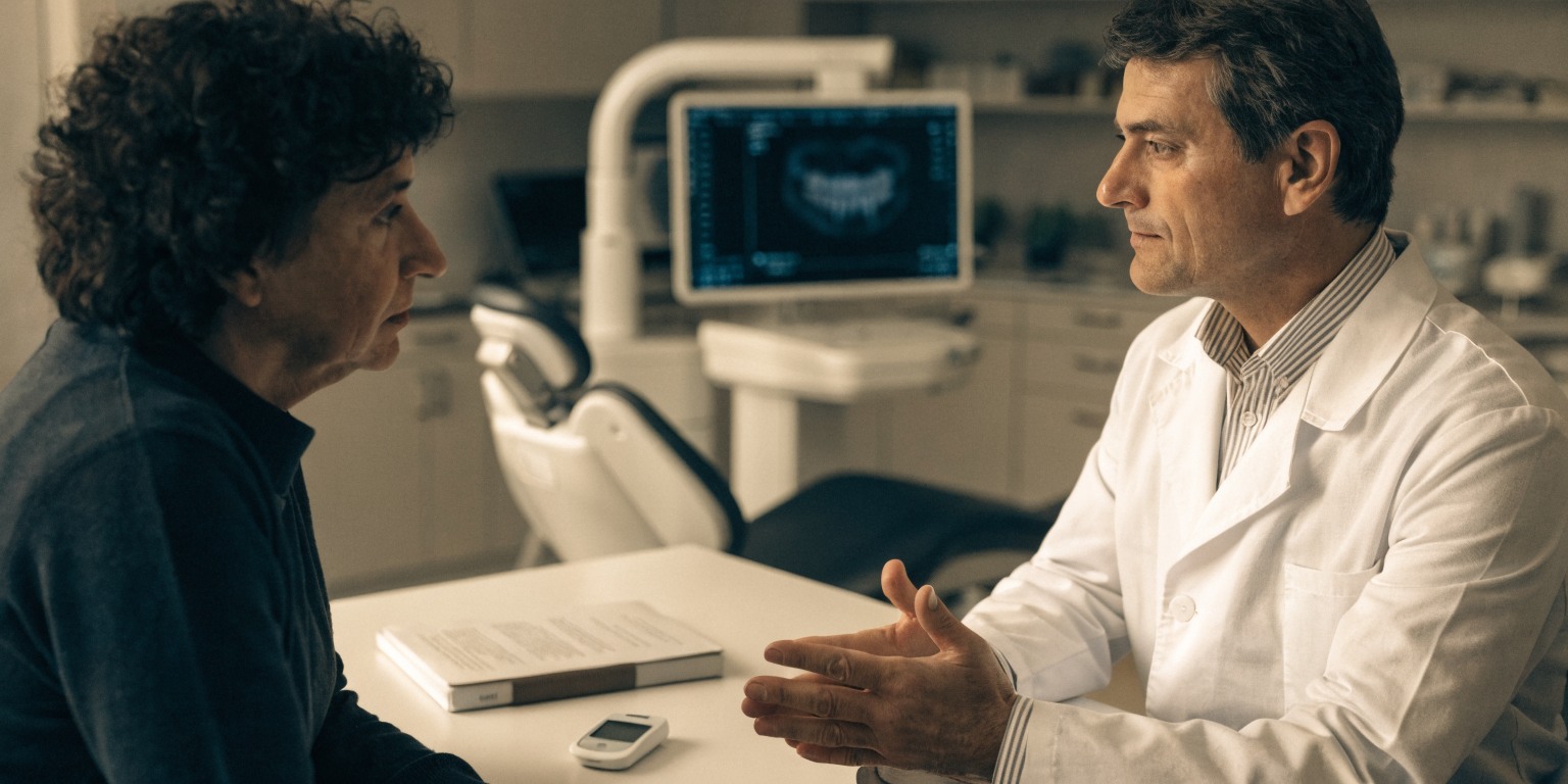 Patient and dentist discussing diabetes records during dental implant planning