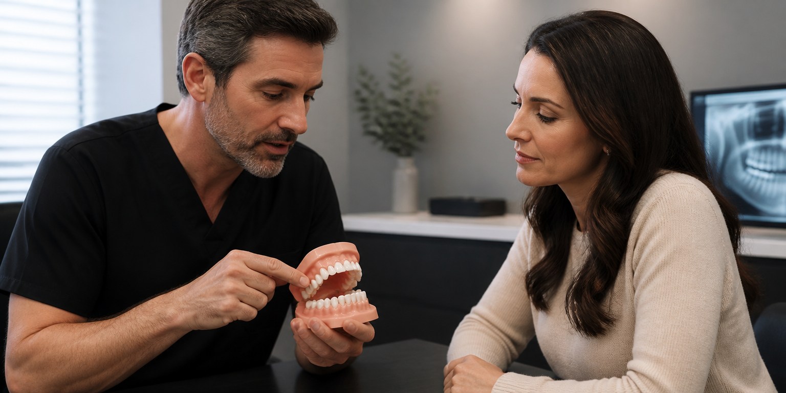 Dentist assessing bite and bruxism risk before Hollywood Smile treatment