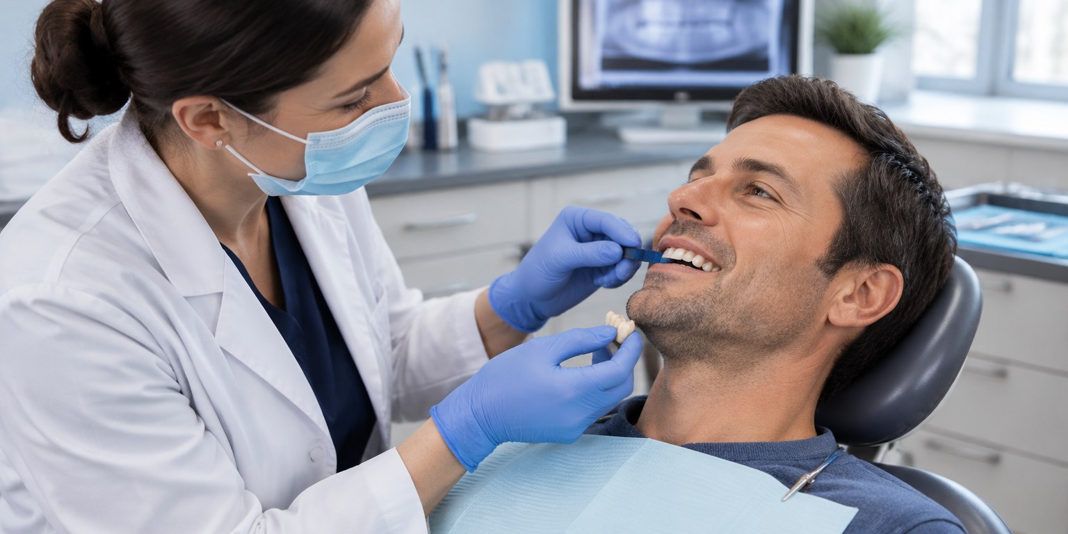 Dentist checking bite and restoration fit after veneers or crowns