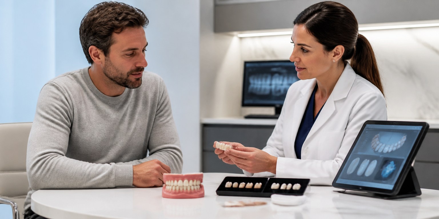 Patient and dentist discussing factors that can affect Hollywood Smile treatment cost