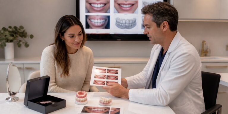 Dentist discussing veneers and orthodontic planning for a Hollywood Smile with mildly crooked teeth