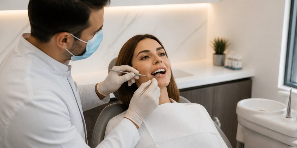 Dentist checking bite and comfort during Hollywood Smile recovery